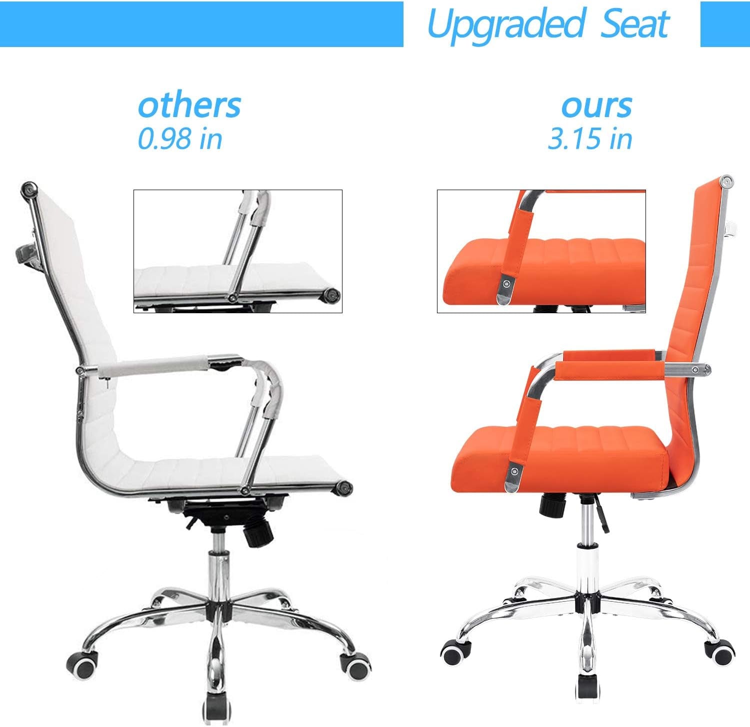 Ribbed Office Desk Chair Mid-Back Leather Executive Conference Task Chair Adjustable Swivel Chair with Arms (Orange)-4