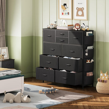 Dresser for Bedroom with 10 Drawers, Fabric Dresser Chest of Drawers with Side Pockets and Hooks, Sturdy Metal Frame, Drawers Organizer Unit for Living Room, Hallway, Black-3
