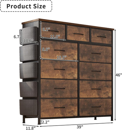 Dresser for Bedroom with 11 Drawer, Dressers & Chests of Drawers with Side Pockets, Hooks, Fabric Storage Drawer, Steel Frame, Wood Top, Organizer Unit and Pull Handle for Closet.-2