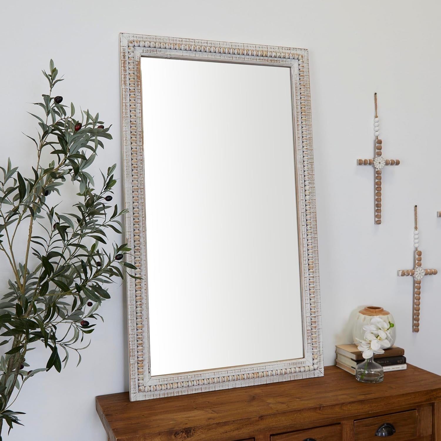 Handcrafted Wooden Beaded Wall Mirror, 28 X 1 X 48, Elegant White Finish-0