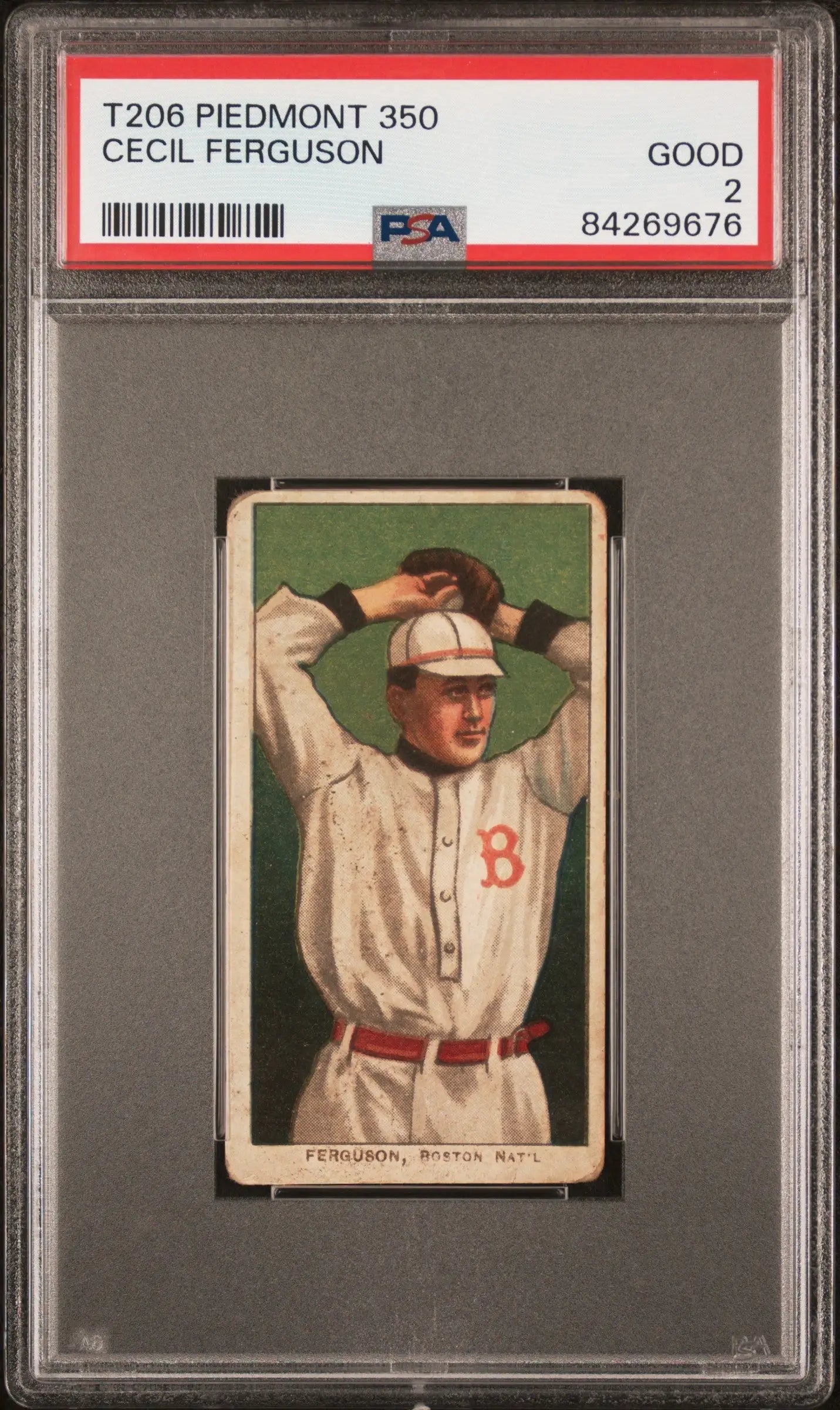 PSA-graded T206 Piedmont 350 trading card of Cecil Ferguson in white uniform with red B