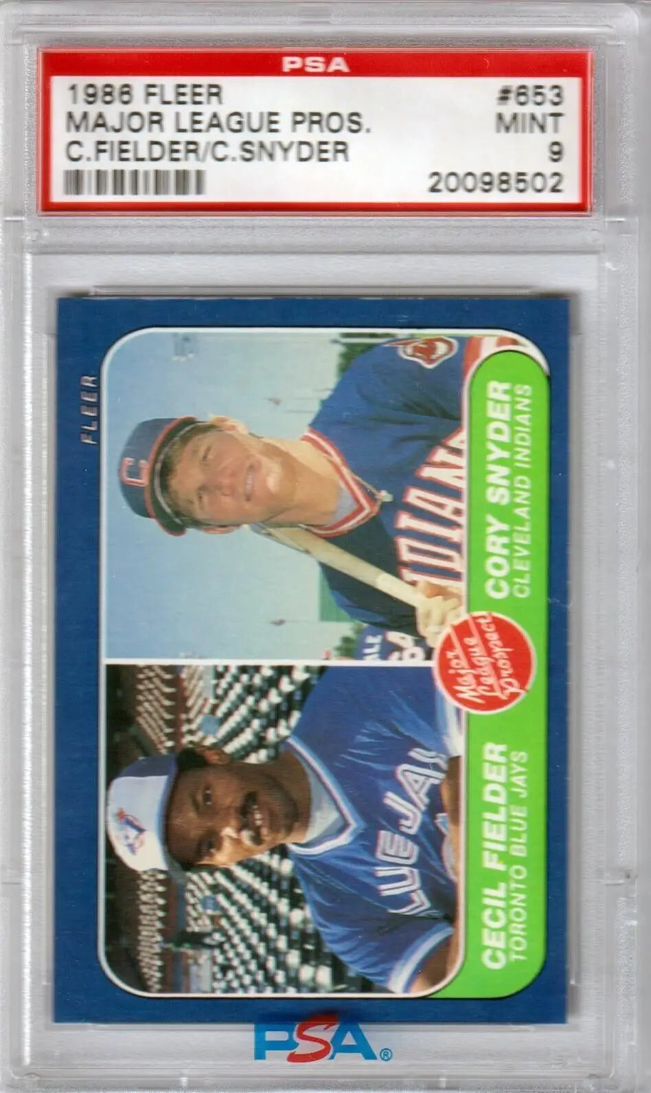 Graded 1986 Fleer Cecil Fielder baseball card showcasing rookie Corey Snyder PSA 9 MINT