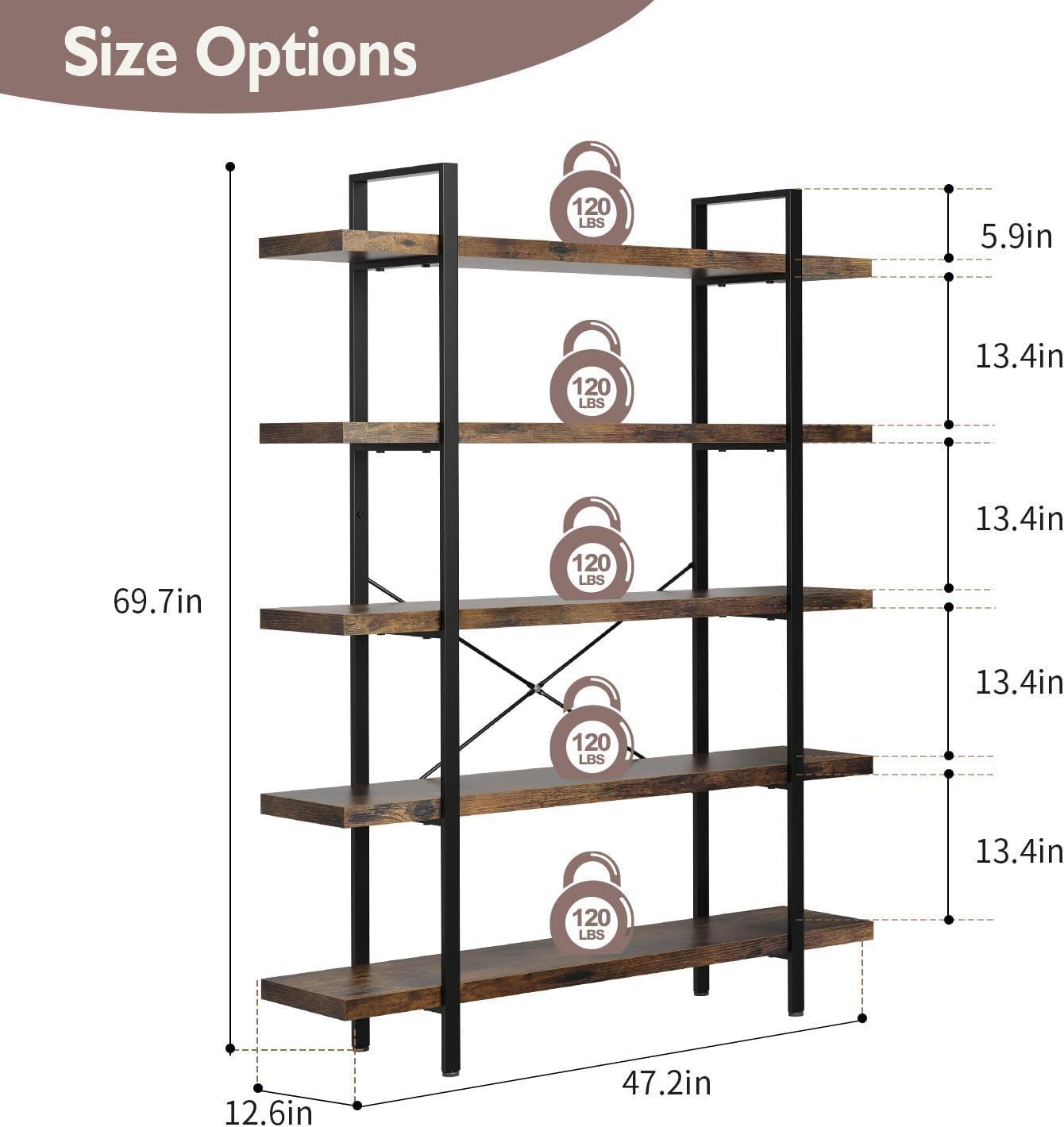 Brown 47 Inch Wide Industrial Bookcase Five Tier Heavy Duty-1