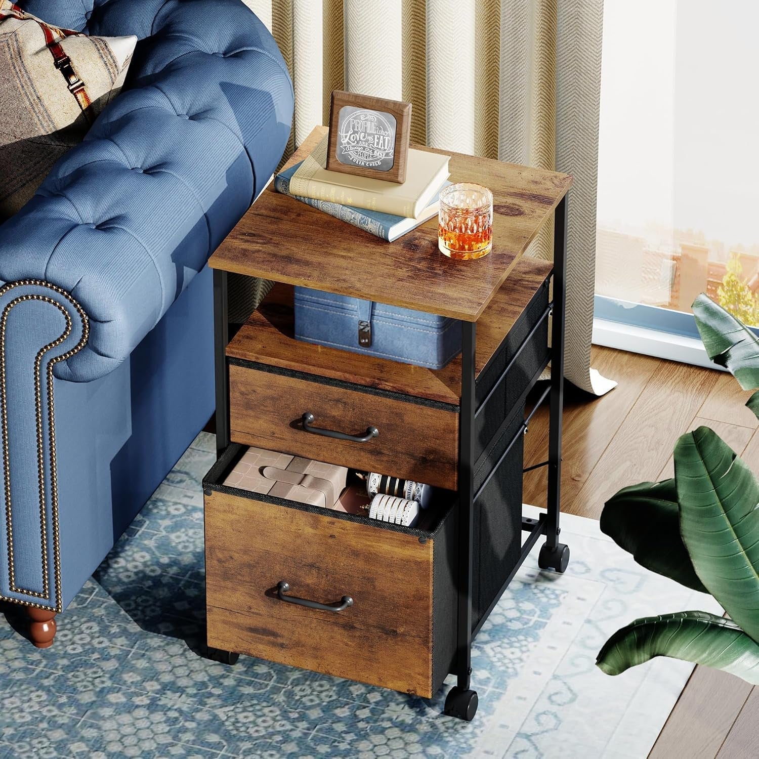 2 Drawer Mobile File Cabinet, Rolling Printer Stand with Open Storage Shelf, Fabric Vertical Filing Cabinet Fits A4 or Letter Size for Home Office, Rustic Brown Wood Grain Print-1