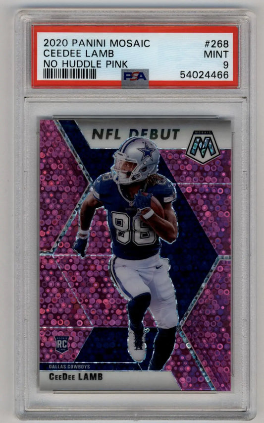 PSA 9 Mint CeeDee Lamb 2020 Panini Mosaic NFL Debut Pink card featuring Dallas Cowboys player