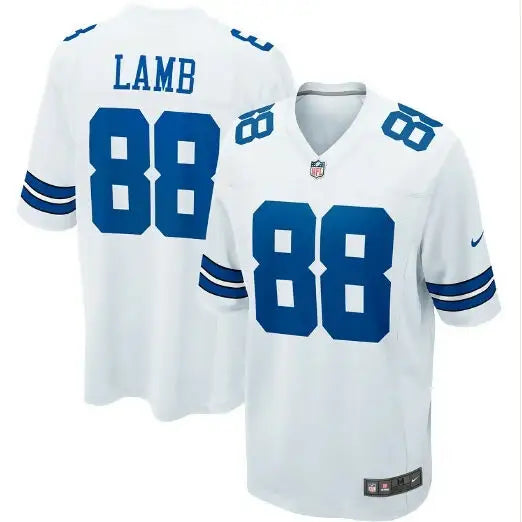 White Dallas Cowboys CeeDee Lamb Nike Game Jersey with number 88 and Lamb on back
