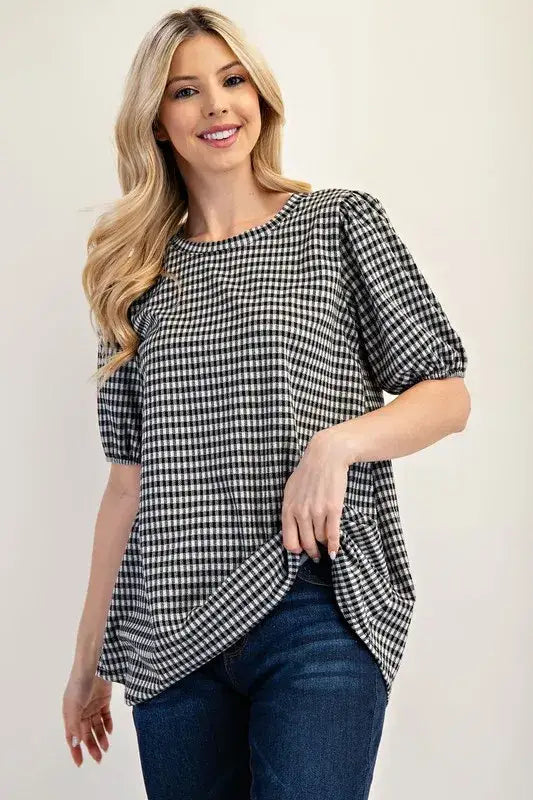 Black and white gingham print plus size top with puff sleeves and casual fit