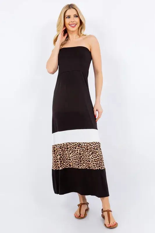 Celeste Full Size Leopard Color Block Tube Maxi Dress Plus Size