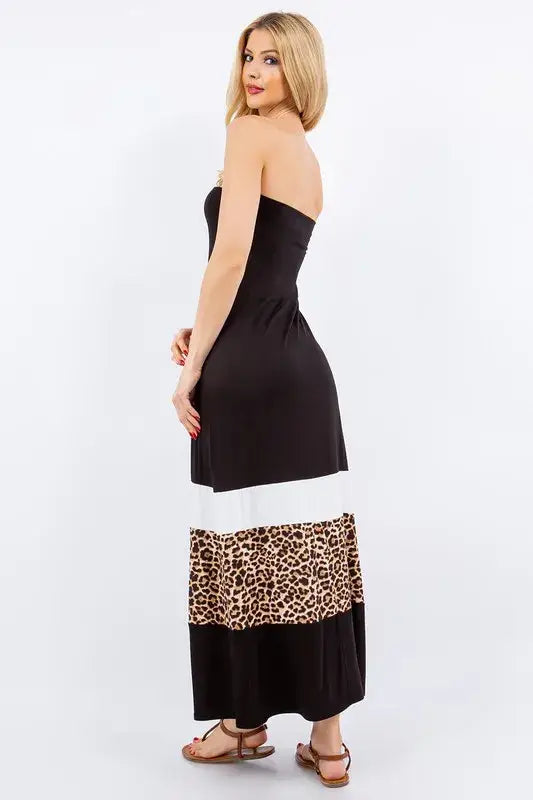 Celeste Full Size Leopard Color Block Tube Maxi Dress Plus Size