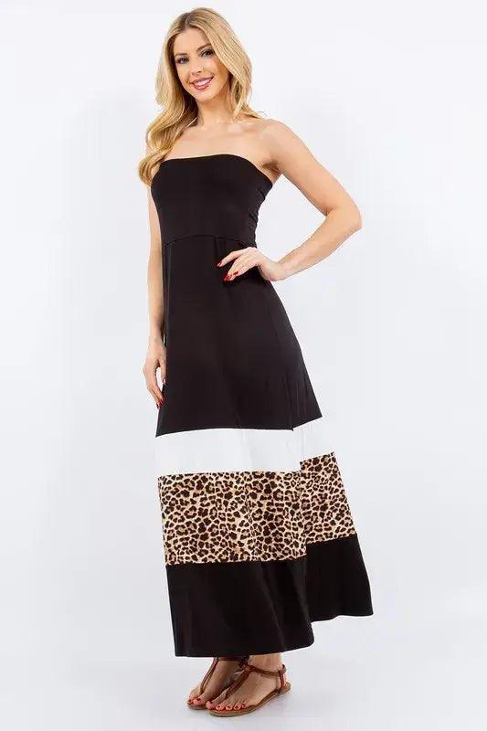 Celeste Full Size Leopard Color Block Tube Maxi Dress Plus Size
