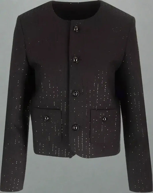Black collarless button-up Chelsea jacket with sparkling embellishments and flap pockets