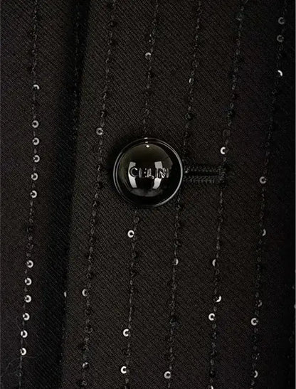 Black pinstripe fabric with sequins and glossy button on CELINE Black Button Up Chelsea Jacket