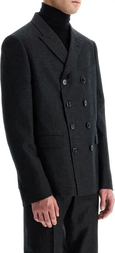 Men’s black wool blazer jacket with double-breasted design and six buttons