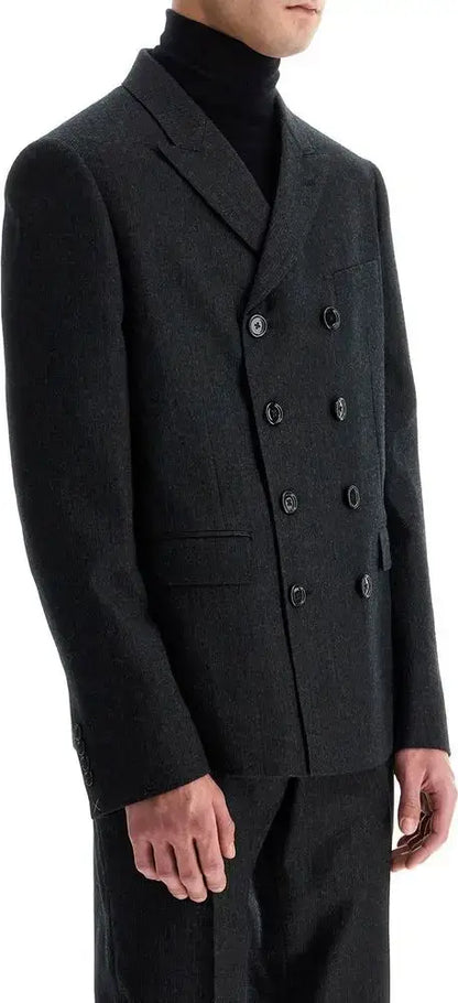 Men’s black wool blazer jacket with double-breasted design and six buttons