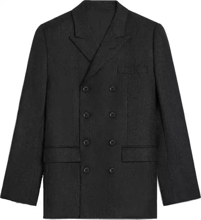 Black wool blazer jacket with six buttons, notched lapels, and flap pockets