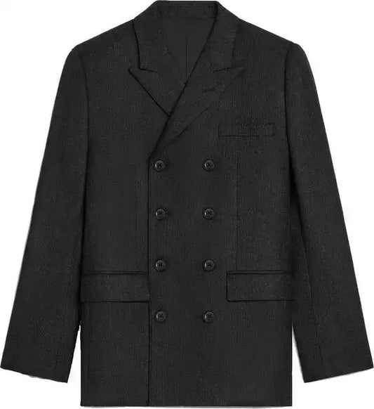 Black wool blazer jacket with six buttons, notched lapels, and flap pockets