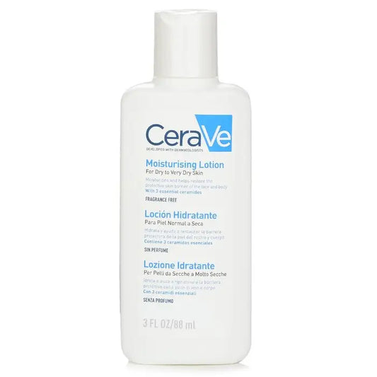 White bottle of CeraVe Moisturising Lotion for dry skin and skin’s natural barrier