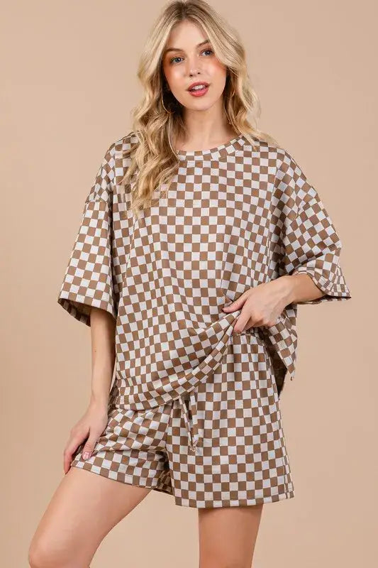 Ces Femme Checkered Round Neck Top and Shorts Set - Camel / S