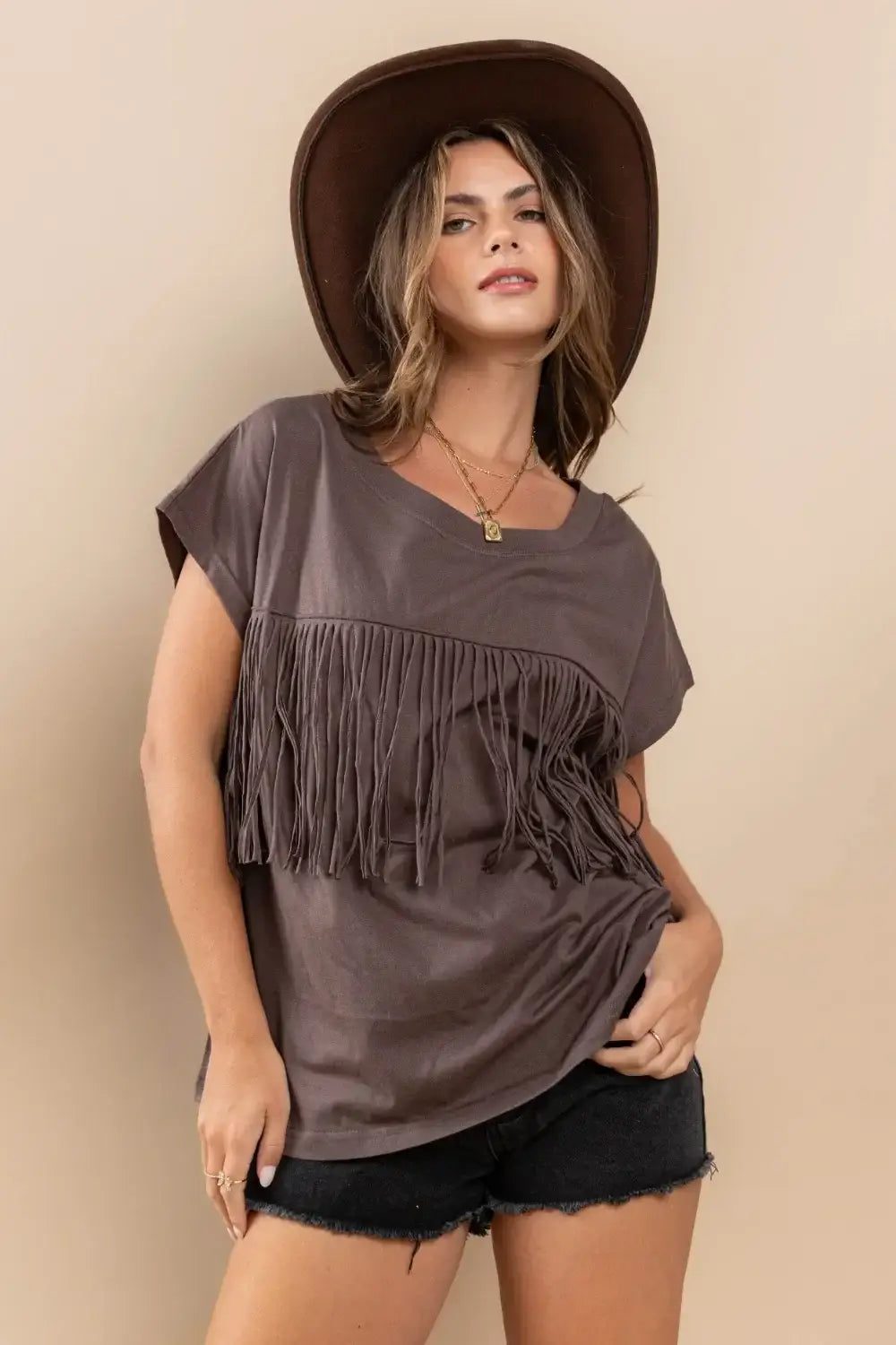 Ces Femme Fringe Detail Round Neck Short Sleeve Top - CHARCOAL / S