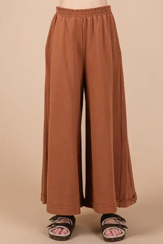 Brown wide-leg pants with elastic waistband and drawstring from Ces Femme half button half sleeve set