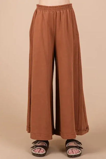 Brown wide-leg pants with elastic waistband and drawstring from Ces Femme half button half sleeve set
