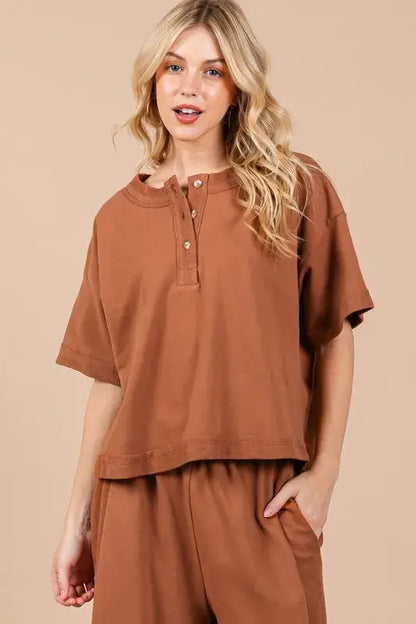 Brown oversized Henley shirt with button half sleeve and pocket design for Ces Femme set