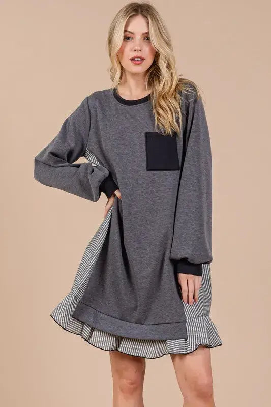 Ces Femme Striped Patchwork Round Neck Terry Sweatshirt Dress - Charcoal / S