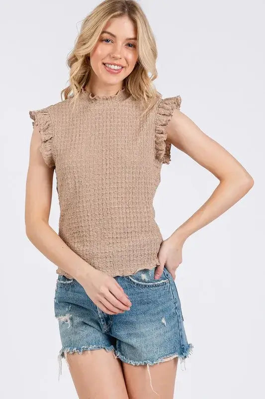 Ces Femme Texture Mock Neck Ruffle Cap Sleeve Blouse - Camel / S
