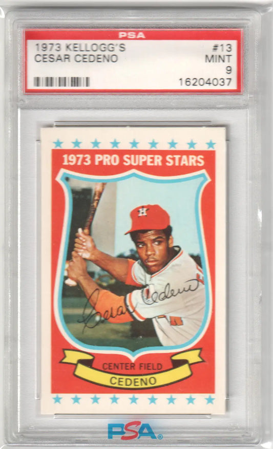Graded 1973 Kellogs Cesar Cedeno baseball card from Columbia Hobby, PSA 9 Mint