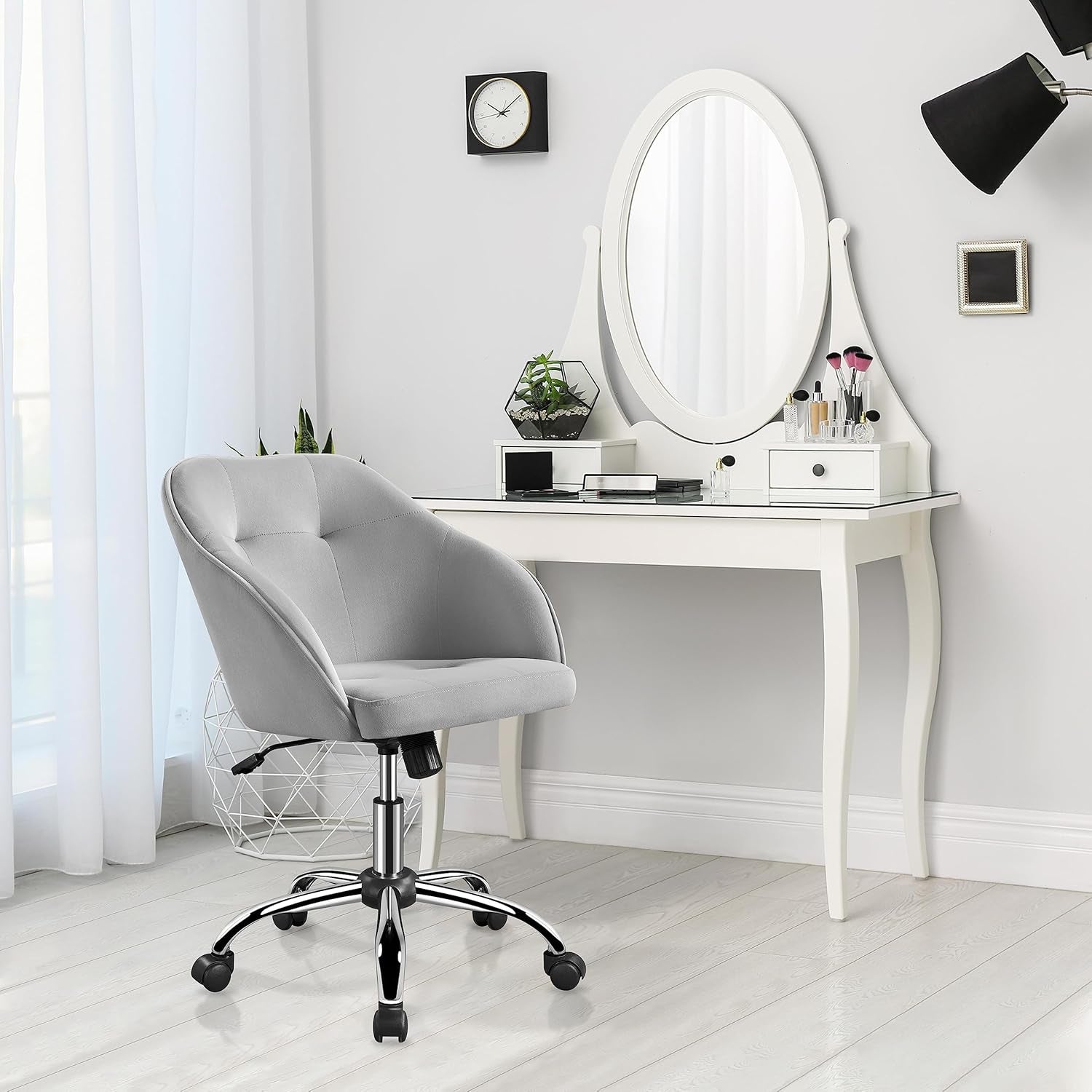 Velvet Desk Chair, Makeup Vanity Chair with Adjustable Tilt Angle, Modern Swivel Office Chair Upholstered Armchair Study Chair for Living Room and Makeup Room Light Gray-1