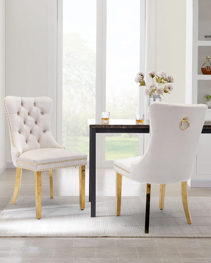 Velvet Dining Chair Set of 2 Upholstered Tufted Dining Room Chair with Nailhead Trim and Stainless Steel Gold Plated Legs for Kitchen, Restaurant, Beige-0