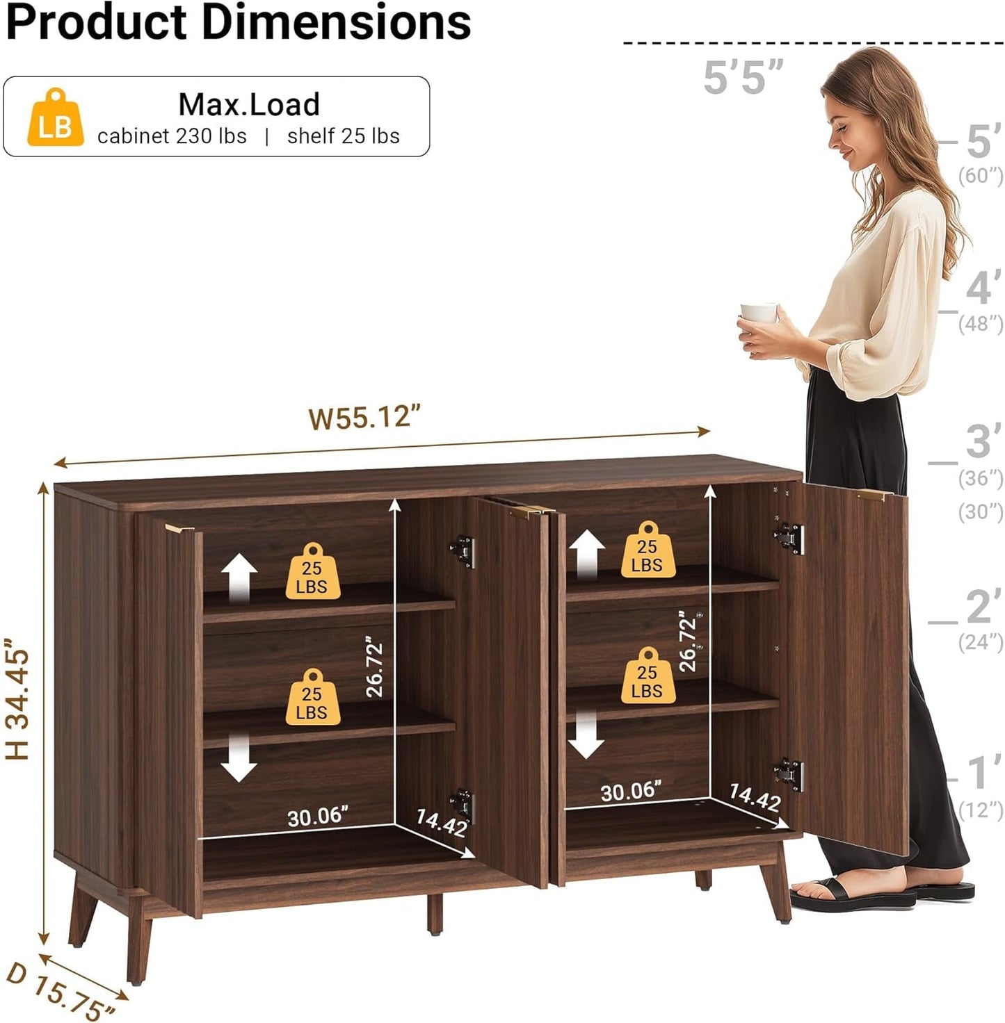 Walnut Fluted Sideboard Buffet 55Inch Adjustable Shelves-1