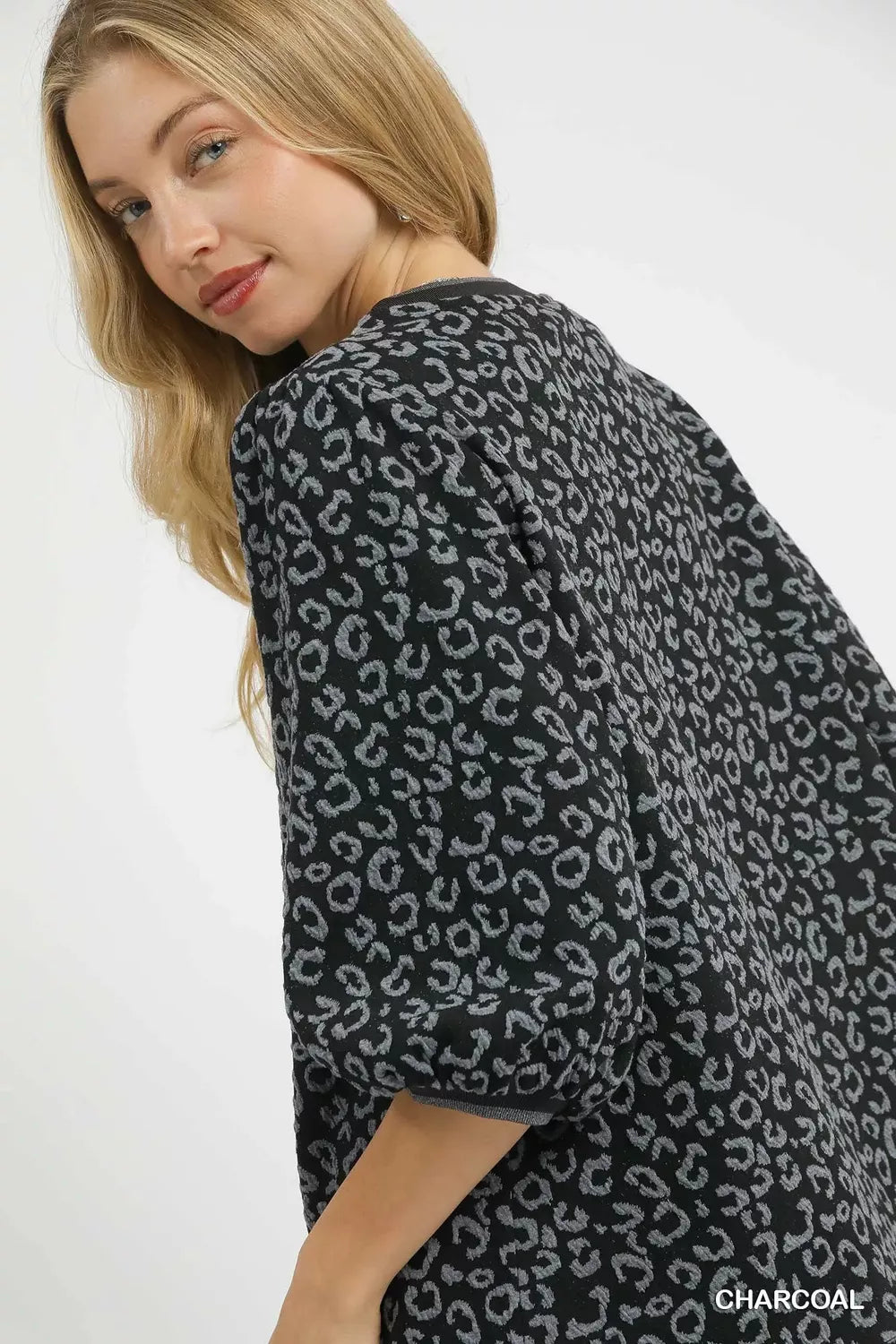 Umgee Leopard Print Jacquard Blouse with Puff Sleeves