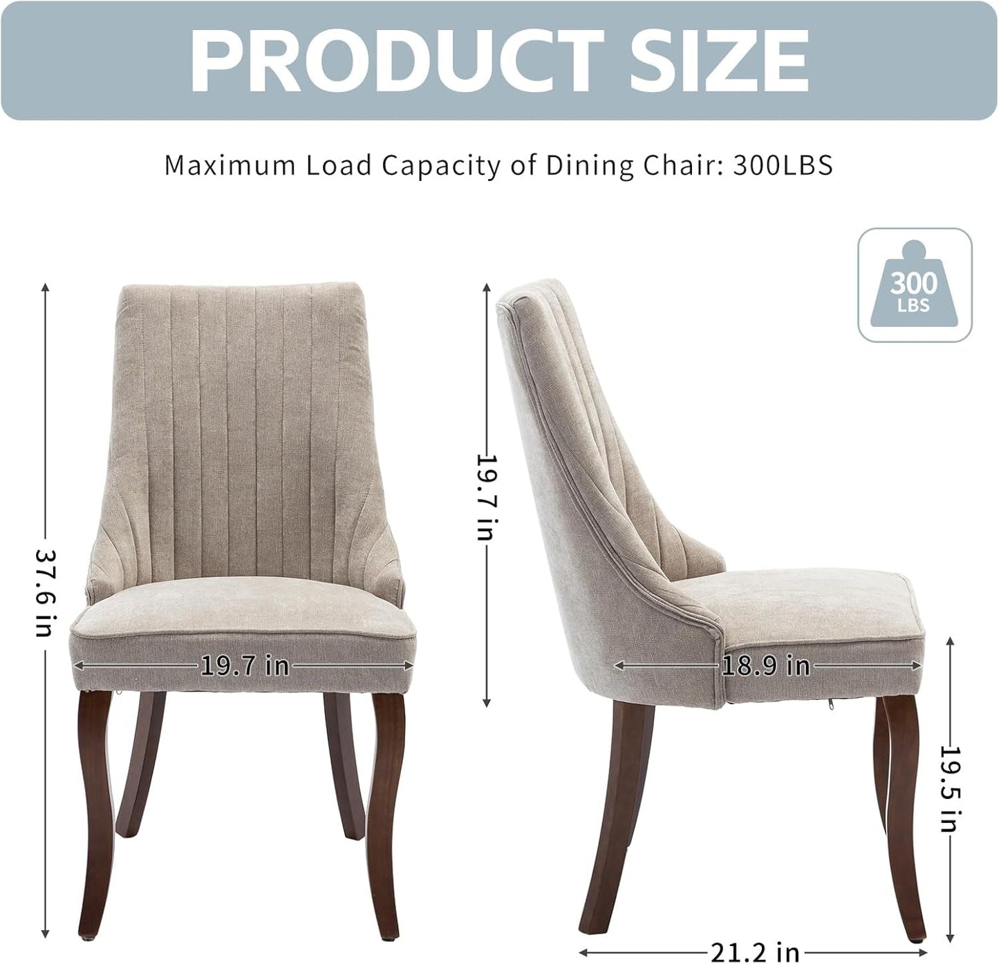 Beige Dining Chairs Set of 2，Comfortable Fabric Channel Tufted Upholstered Dining Room Chairs, Modern Kitchen Chairs for Dining Room with Curved Solid Wood Legs(Beige)-2