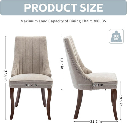 Beige Dining Chairs Set of 2，Comfortable Fabric Channel Tufted Upholstered Dining Room Chairs, Modern Kitchen Chairs for Dining Room with Curved Solid Wood Legs(Beige)-2