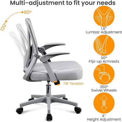 Mesh Office Chair Swivel Desk Chair Computer Chair with Flip-Up Arms Adjustable Height Lumbar Support Executive Task Chair for Home Office Study Meeting, Gray-3