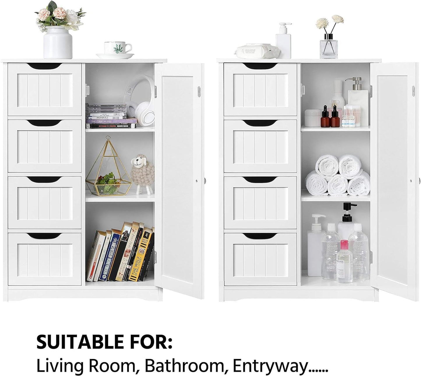 Wooden Floor Cabinet, Side Storage Organizer with 4 Drawers and 1 Cupboard, Freestanding Entryway Storage Unit Console Table, Bathroom Furniture Home Decor, White-4