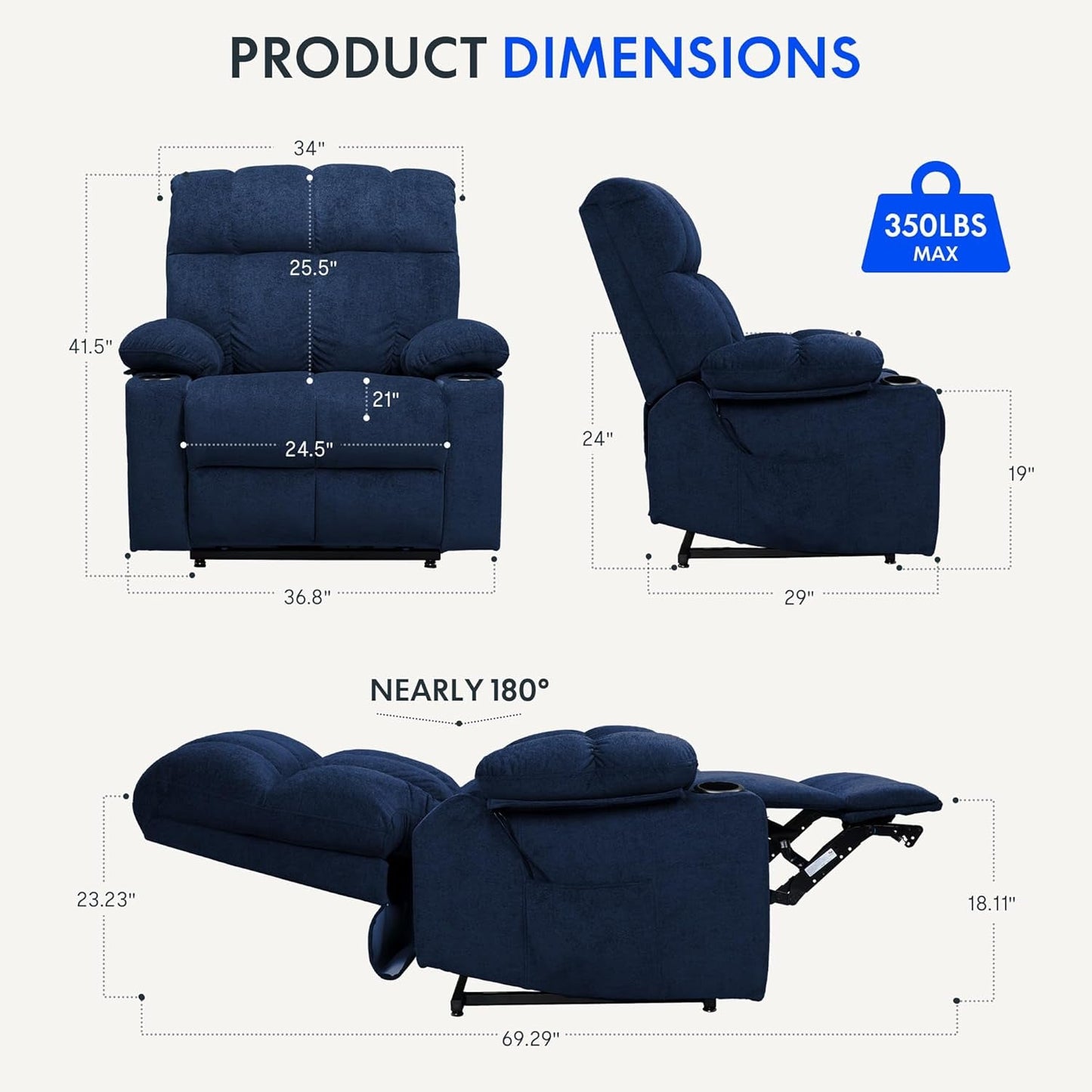 XL5 Dual OKIN Motor Power Lift Recliner Chair for Elderly, Electric Lay Flat Recliner W/Massage, Lumbar Heat, USB Port, Side Pockets, Recliner Sofa for Living Room Bedroom, Blue-0