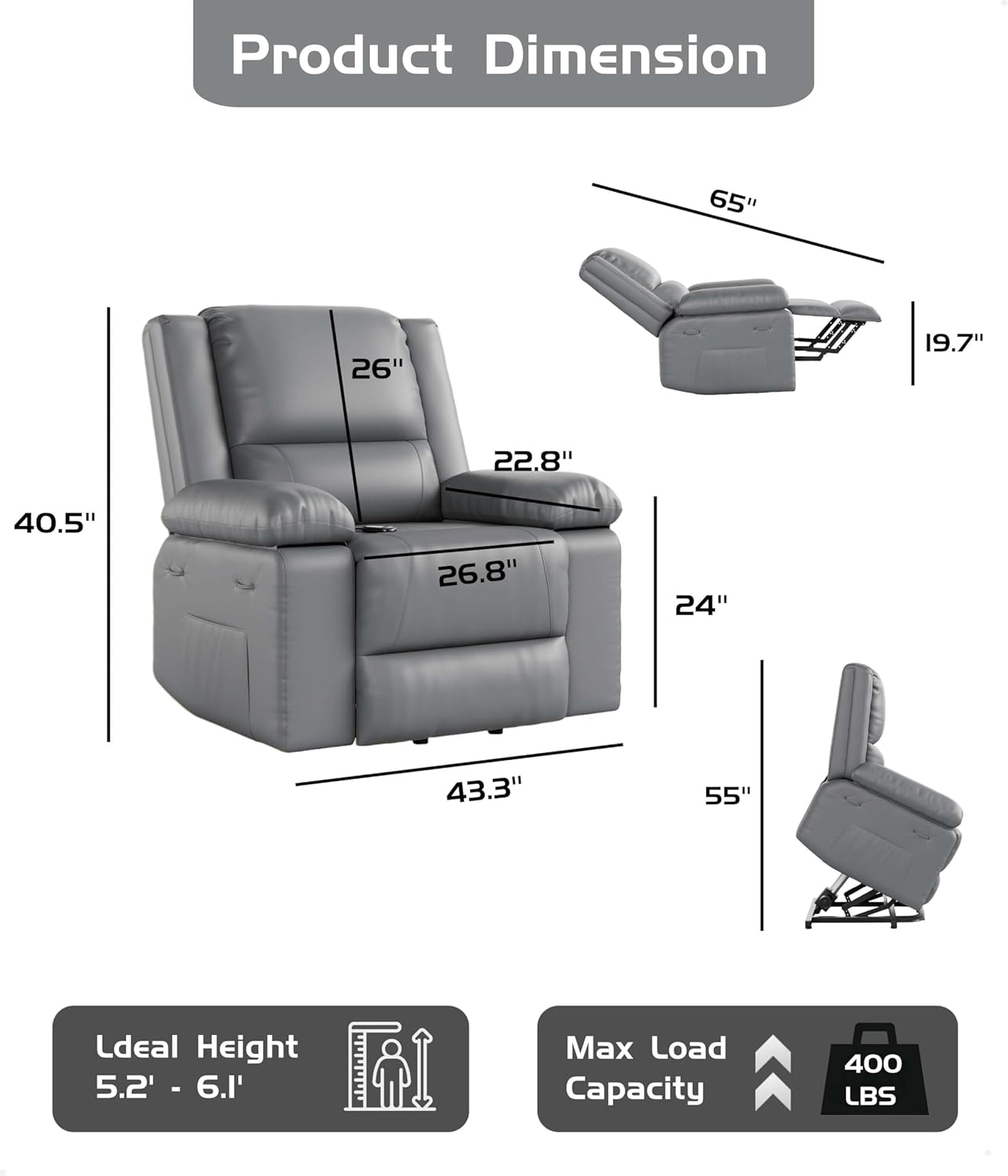 Oversized Wide Power Lift Recliner Chair - Heat and Massage, Adjustable Back and Legs, PU Leather Electric Lift Chair Designed for the Elderly and People with Mobility Impaired-2