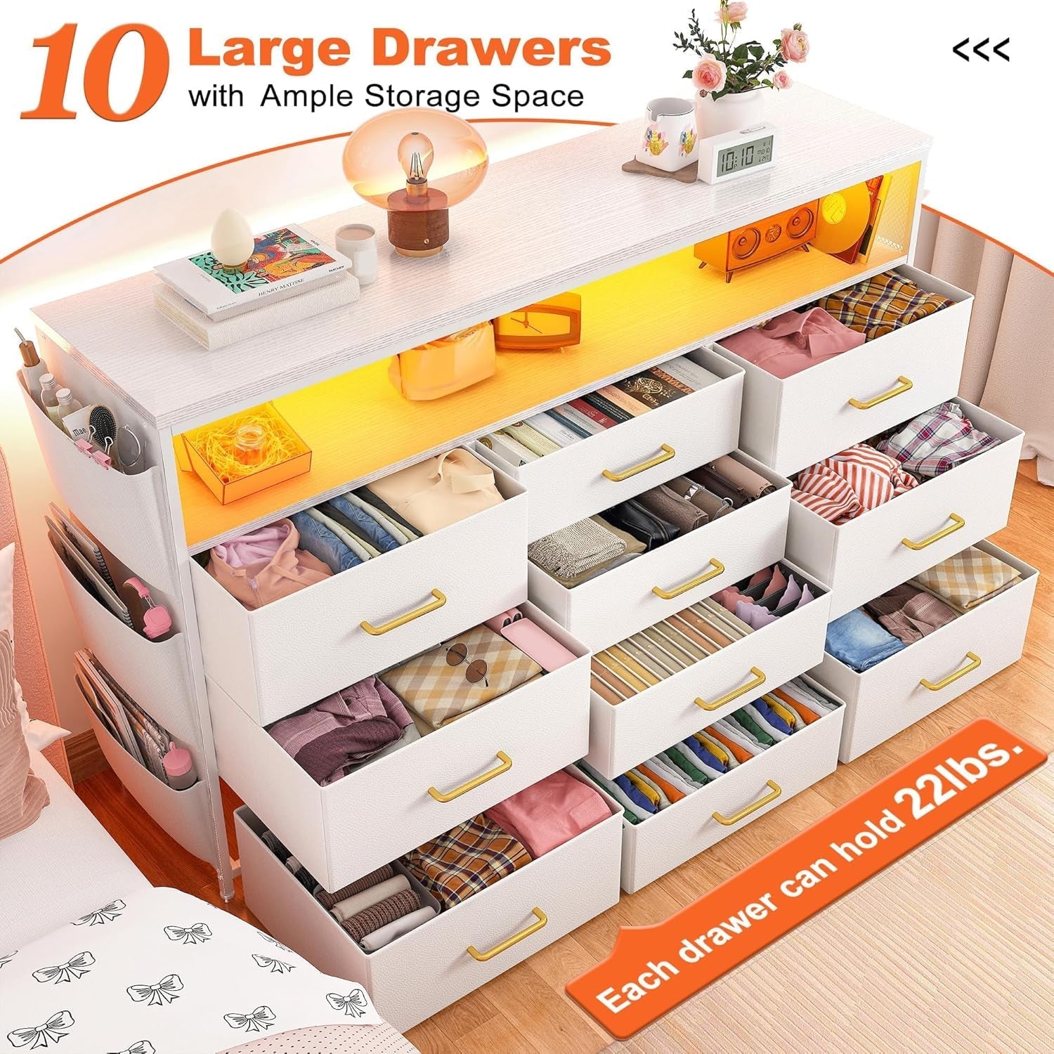 Dresser TV Stand with 10 Drawers for 55" TV Stand for Bedroom with LED Lights & Power Outlets Wide Dresser for Bedroom with Shelves & Side Pockets Sturdy Metal Frame & Wood Top, White-3