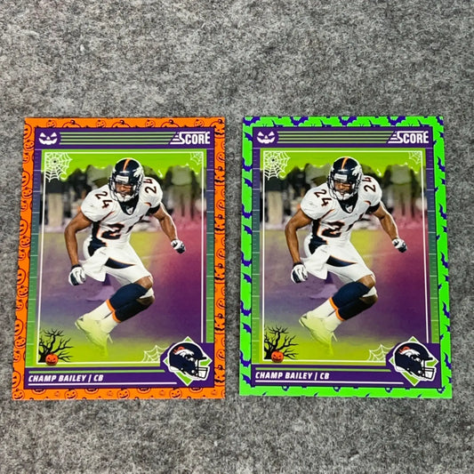 Two Halloween-themed Champ Bailey Denver Broncos football trading cards in the 2024 complete set