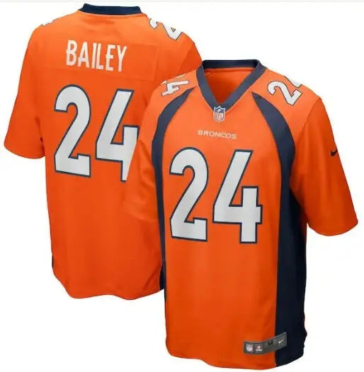 Orange and navy blue Denver Broncos jersey with number 24, Champ Bailey Nike Game Retired Player Jersey