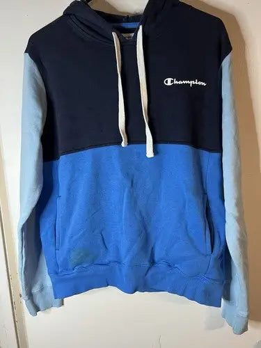 Champion Color Block Hoodie in navy blue, royal blue, and light blue fabric