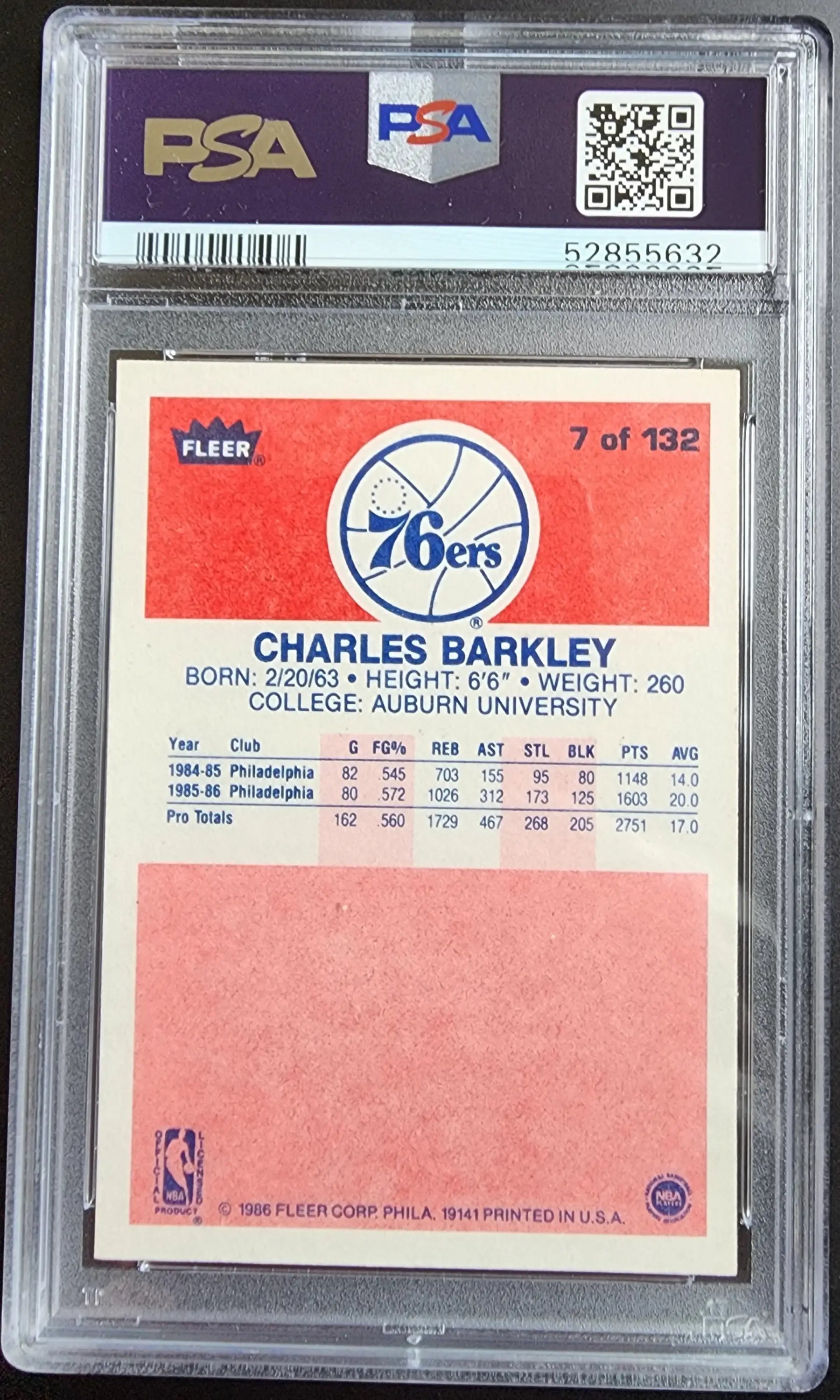 PSA-graded 1986 Fleer Charles Barkley rookie card with Philadelphia 76ers logo