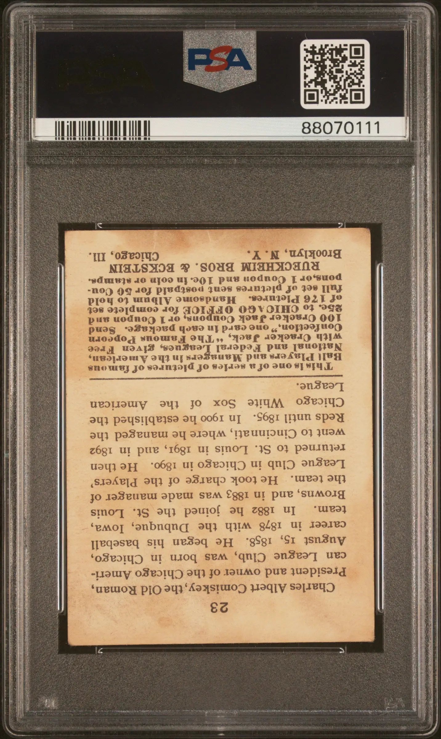 Charles Comiskey 1915 Cracker Jack #23 PSA 1 Poor in a protective card holder