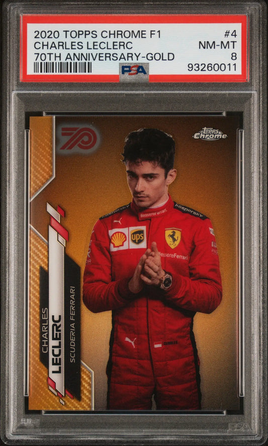 PSA-graded Charles Leclerc 20th Anniversary Gold racing card in Ferrari red suit
