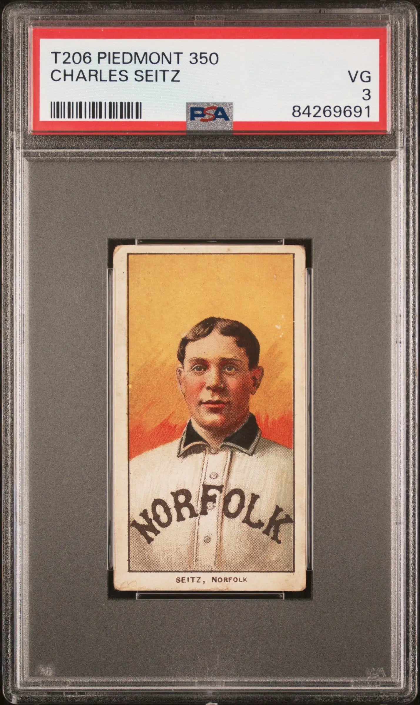 Vintage T206 Charles Seitz baseball card graded PSA 3 in holder featuring Norfolk player