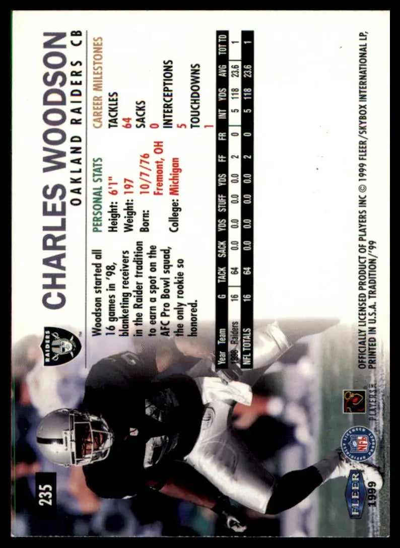 Charles Woodson football card from Fleer Tradition 1999 Oakland Raiders product