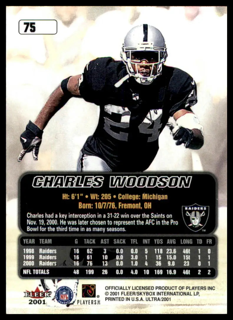 Charles Woodson football card from 2001 Ultra #75 Oakland Raiders collectible