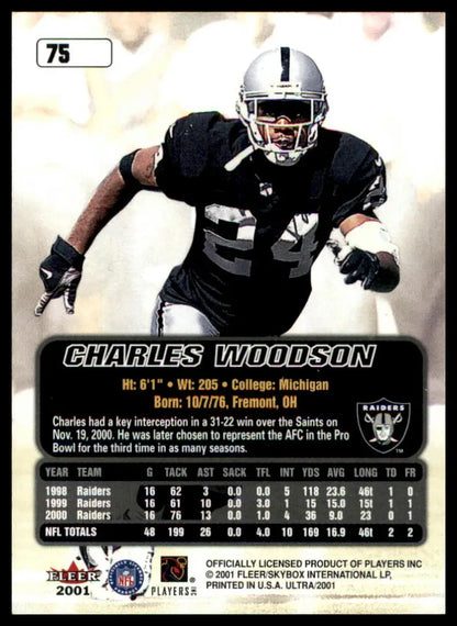 Charles Woodson football card from 2001 Ultra #75 Oakland Raiders collectible
